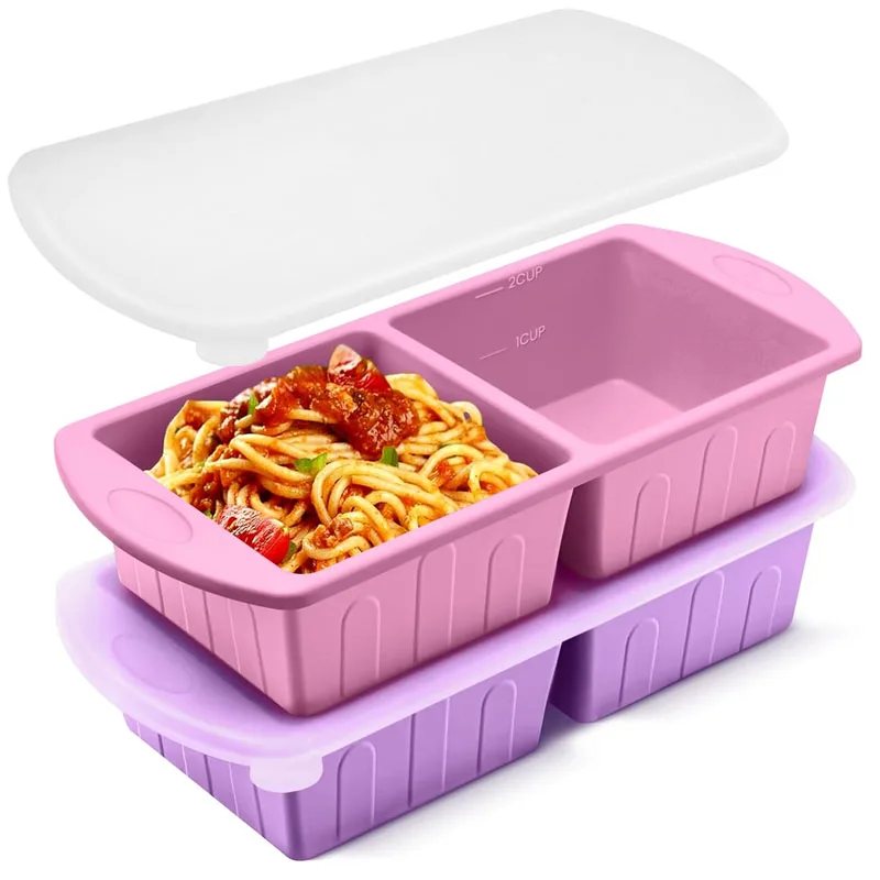 

1/2Cubes Silicone Freezer Tray with Lid - Durable Kitchen Storage for Soup, Broth & Sauces - Stackable Food Prep Container