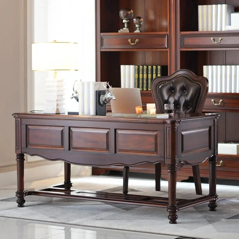 American all solid wood desk home office gold teak writing desk study