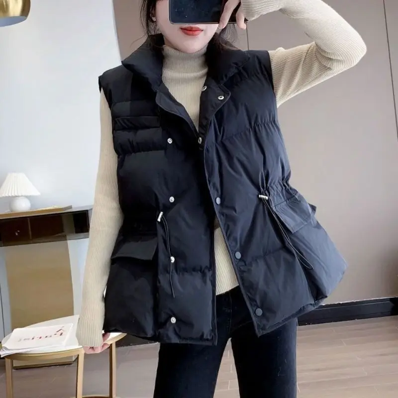 Kimotimo Parkas Vest Women 2024 Winter Stand Collar Waist Waistcoat Jacket Fashion Warm Sleeveless Versatile Quilted Coat Eam