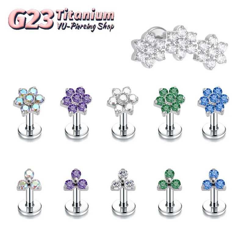 G23 Ttiani cyrkonia kamień Labret Stud chrząstka ucha Tragus gwintowany piercing seksowna Trinity kwiaty biżuteria hurtowo