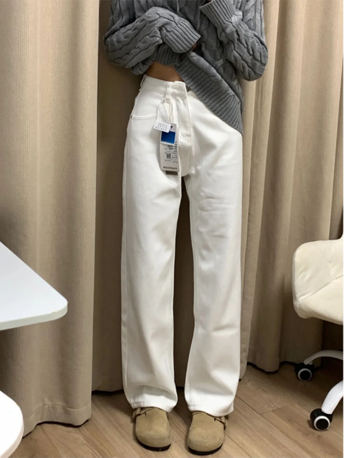 

White Fce Lined Straight Leg High Waist Jeans Women's plus Size Summer New Sle Wide Leg Pants Slimming Effect