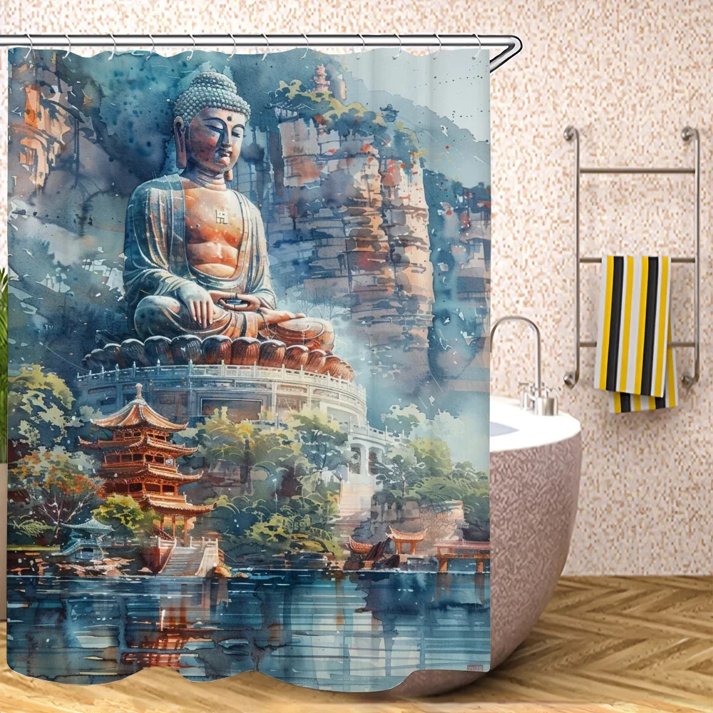 The Big Buddha in the Deep Mountains Shower Curtain for Bathroom Accessories Set Folding Partition Bath Curtains Bedrooms Things