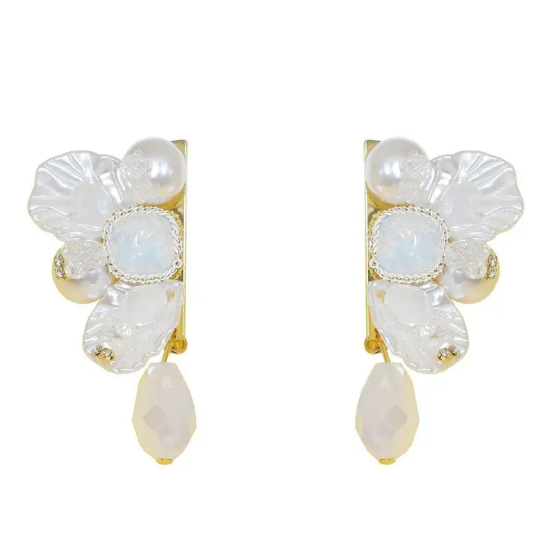 الفرنسية الرجعية البتلة أقراط اللؤلؤ تصميم الزفاف تقليد اللؤلؤ زهرة بيضاء استرخى أقراط للنساء مجوهرات أنيقة الموضة #3