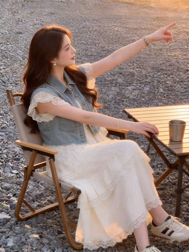

Summer Sweet Cake Style Lace Splicing Denim Vest Women's New Two-Piece Set Matching Elegant Dress Fashionable Ensemble