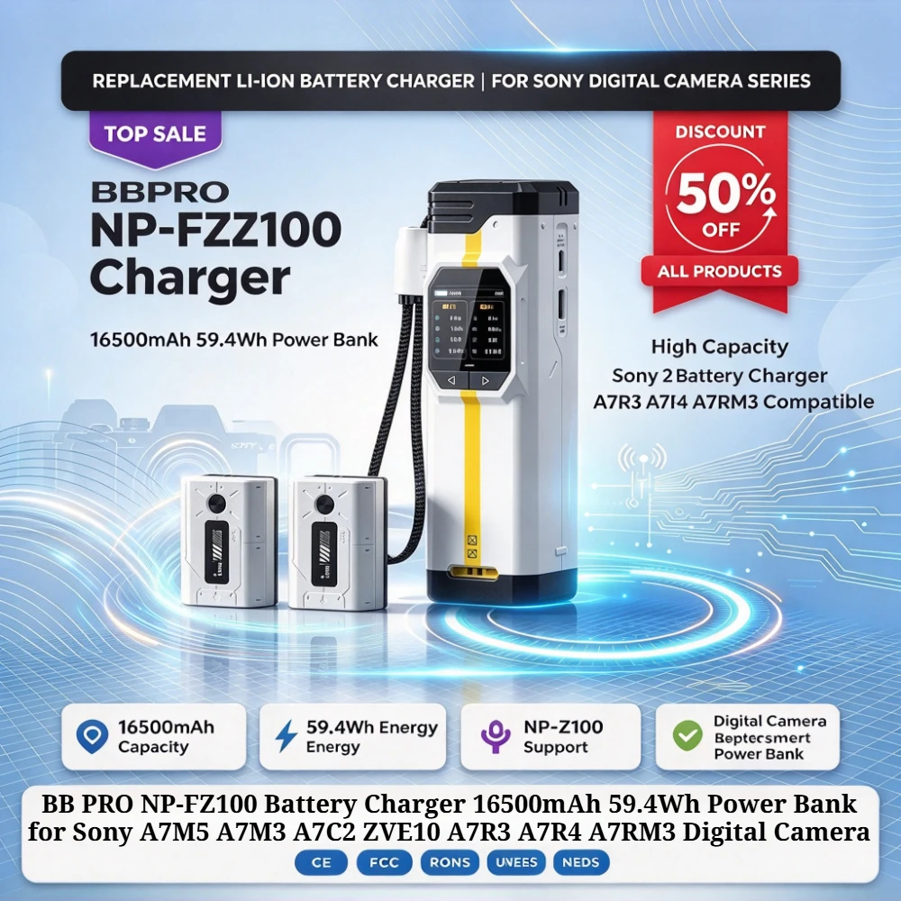BBPRO NP-FZ100 Battery Charger 16500mAh 59.4Wh Power Bank for Sony A7M5 A7M3 A7C2 ZVE10 A7R3 A7R4 A7RM3 A7C A7CII Digital Camera