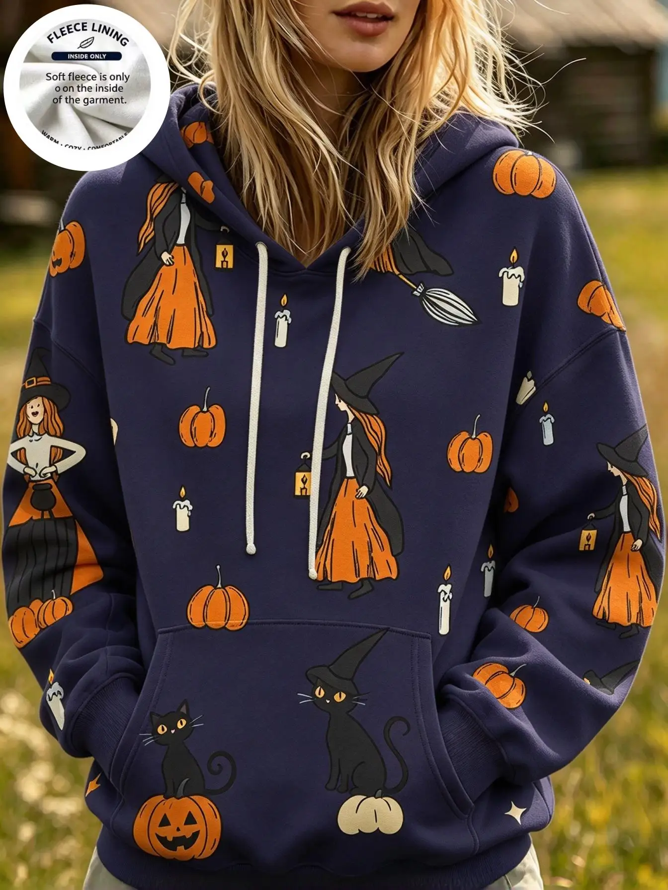 Women Fleece Hoodie Cute Halloween Cartoon Print Hooded Sweatshirt Fall Pumpkin Ghost Owl Witch Pattern Casual Pullover