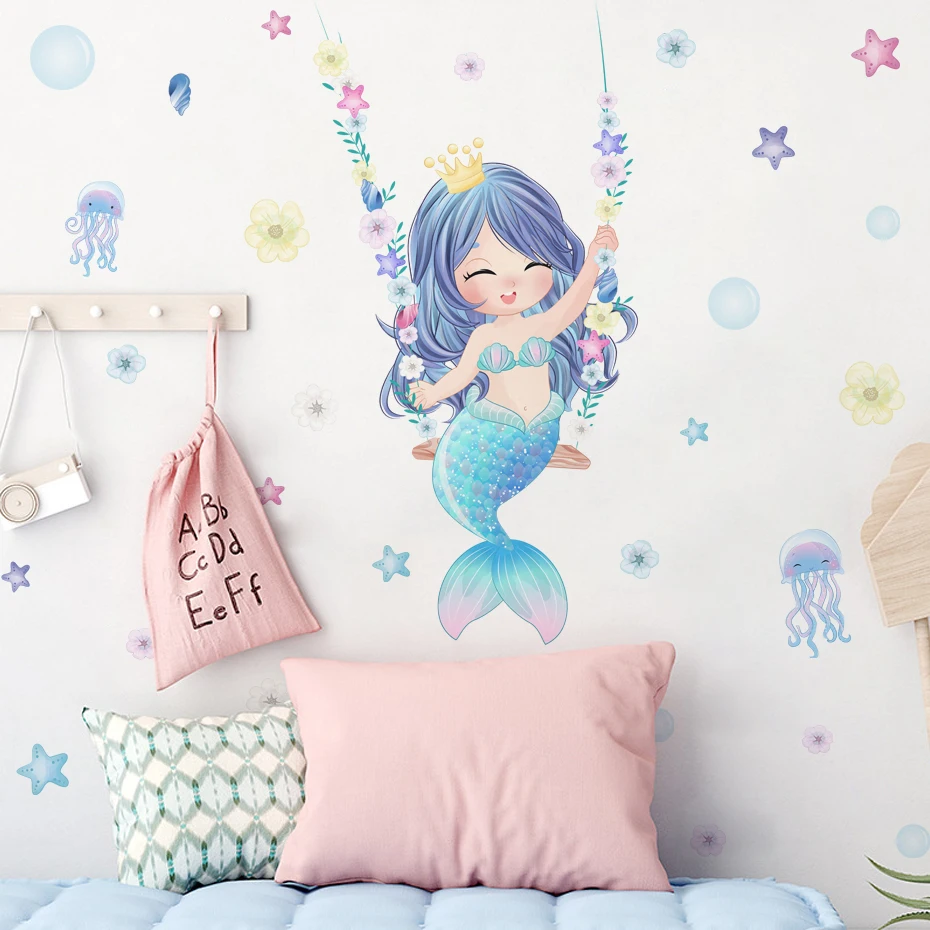 Baby Nursery Decor Girl - Leuke cartoon zeemeermin en kwallen muurstickers