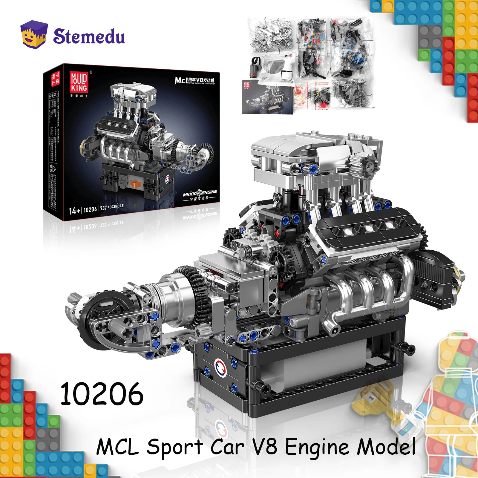 

Mould King 10206 MCL Sport Car V8 Engine Building Blocks Bricks Technical Car Motorized Simulation Model Electrically Drive Gift