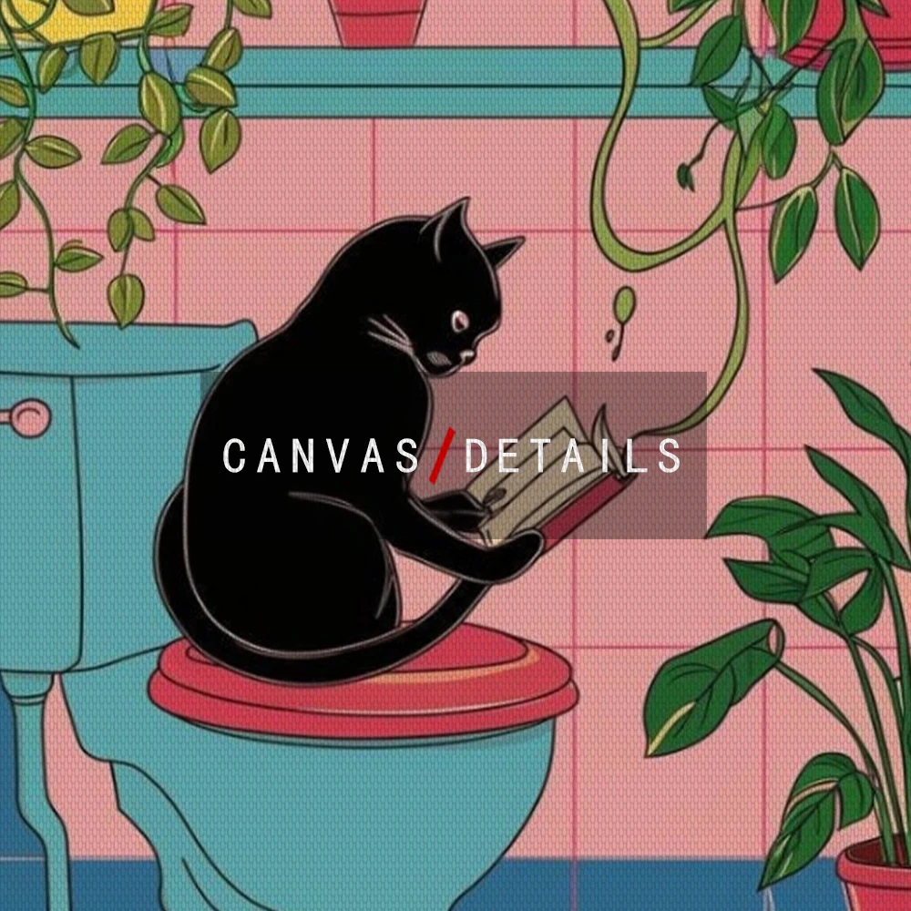 Funny Black Cat on the Toilet Art Print Pink Bathroom Posters Cat Reading a News Paper Tropical Plants Pictures Home Decoration