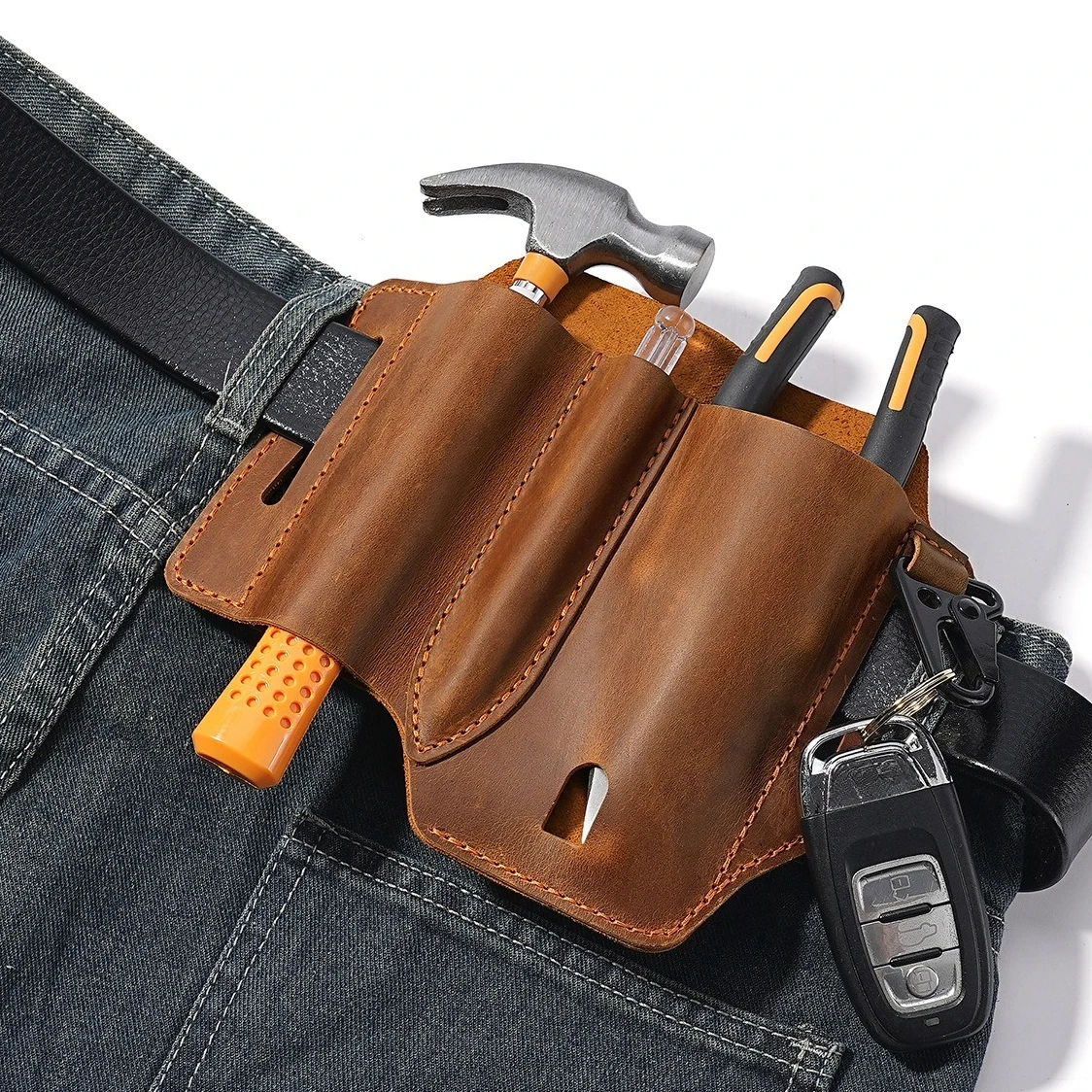 

Leather Waist Bags for Men Multitool Sheath EDC Pocket Organizer with Key Holder Flashlight for Belt Waist Packs Wearable Belt