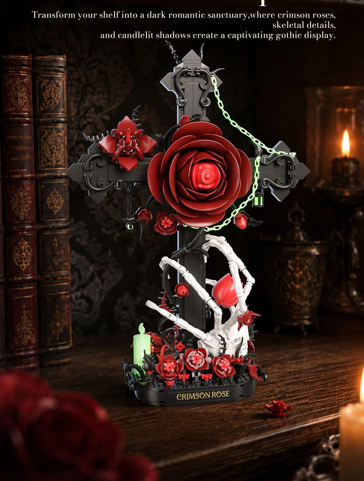 Idea Leuchtender Baustein Kreuz-Totenkopf Rote Rose Spielzeug Blume Skeletthand Konstruktions-Baustein-Modell Sammlerstück Schreibtischdekoration – Detail 9
