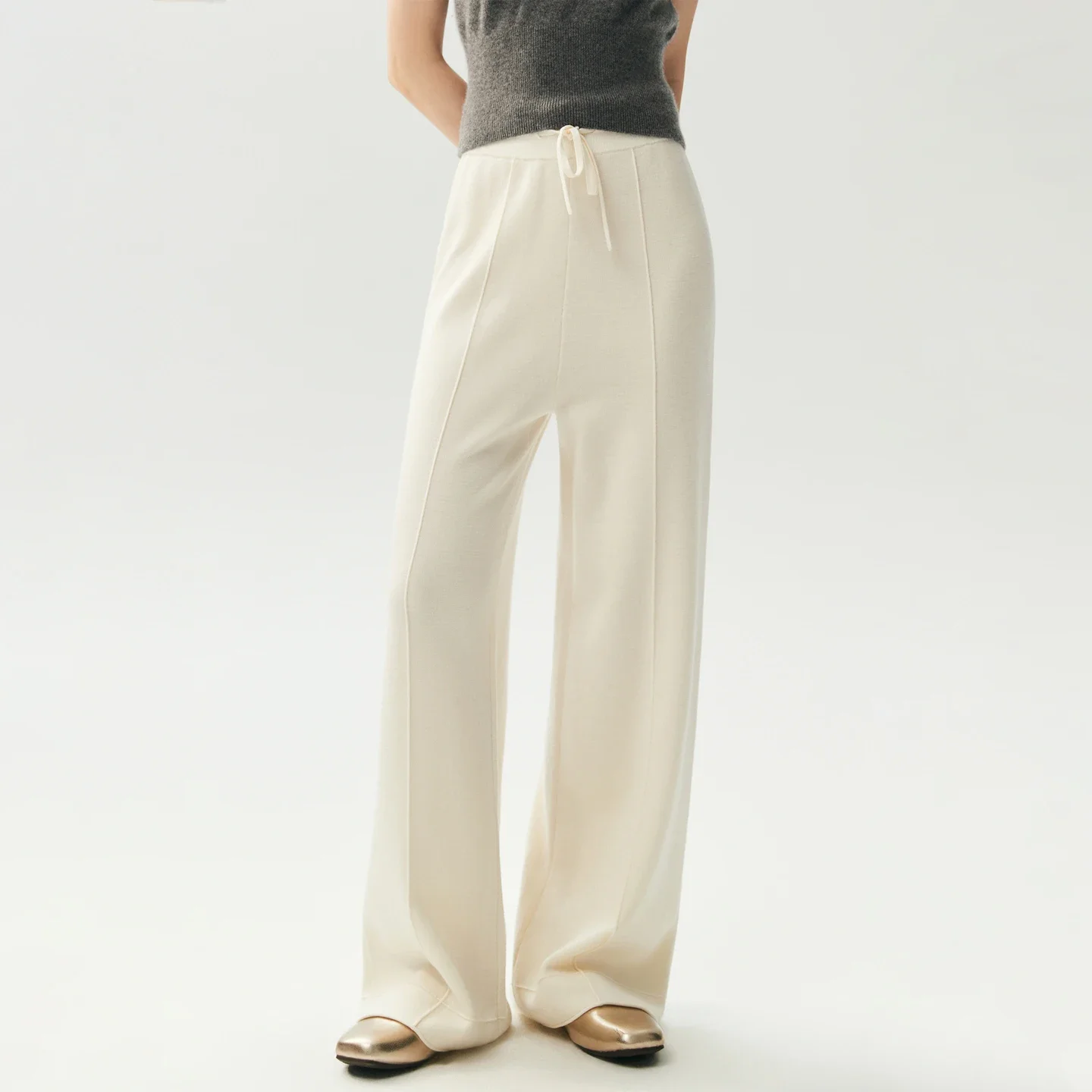 Tcyeek Autumn Winter Women 100% Worsted Wool Pants High Waist Wide Leg Pants Casual Basic Wool Knitwear Trousers