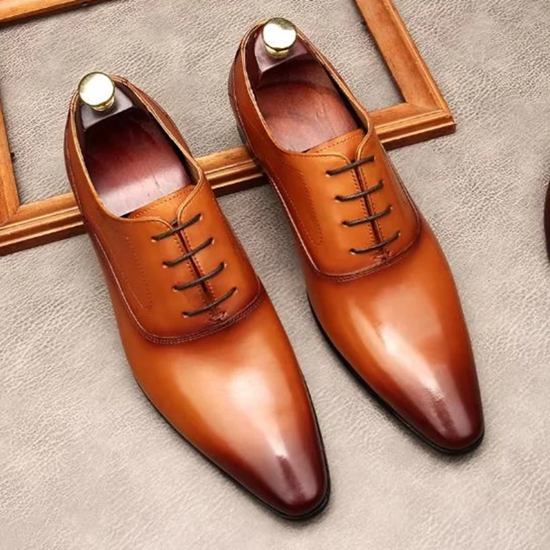 First-layer Cowhide Pointed Leather Shoes For Men British Style Genuine Cow Leather Brownish Yellow Oxford Formal Shoes