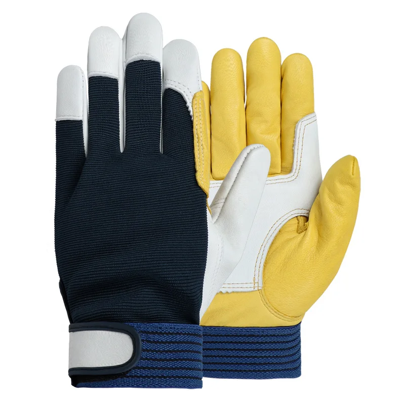 Guantes de trabajo para hombre, guantes elásticos de agarre resistente de cuero para construcción de utilidad, corte de madera, piel de oveja,