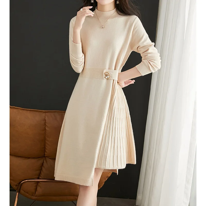 2024 New Semi High Neck Elegant Woolen Dress for Women's Autumn and Winter New Look Slim, Medium Long Base Knitted Dress E2858