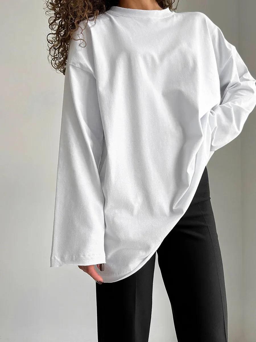 Classic OverSize Cotton T-shirt 2025 Spring and Autumn Women Fashion Casual Solid Color Loose O-Neck Long Sleeved Bottom T-shirt