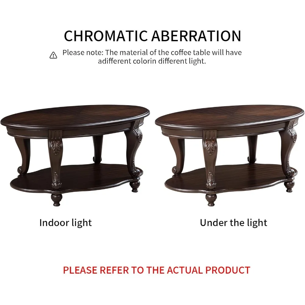 Elegancki owalny stolik kawowy z drewna espresso z miejscem do przechowywania i okrągły stolik pomocniczy do salonu w stylu farmhouse.