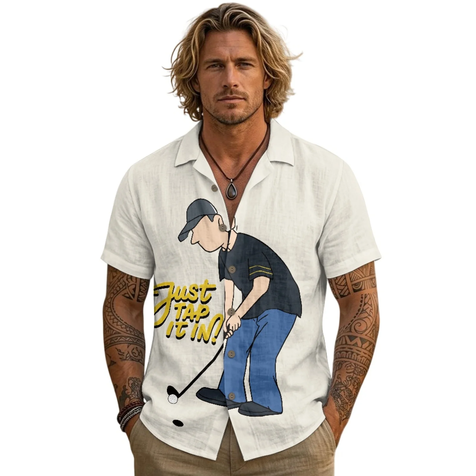 PENSTROLL Golf Pattern Linen Style Men Short-Sleeved Shirts, Single Breasted Breathable Tops for Male S-3XL, Summer Beach Wear