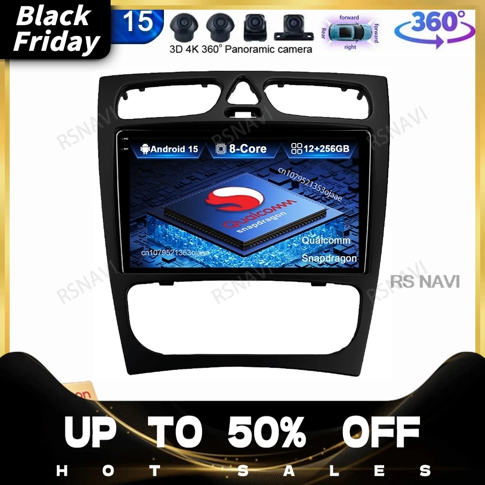 Android 15 Car Radio For Mercedes Benz C-Class W209 C200 C320 C350 CLK W203 2002 - 2005 QLED DSP Viedo Player Stereo Qualcomm BT