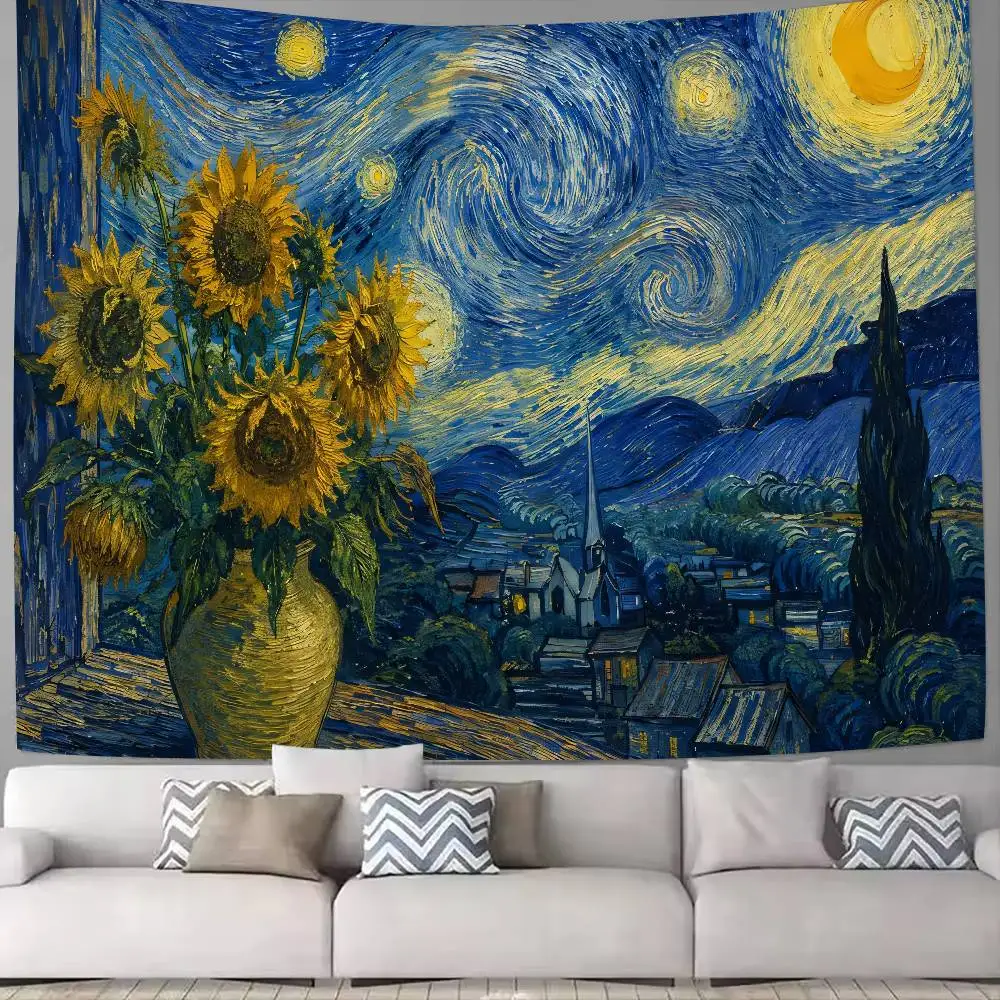 Classic Impressionist Oil Painting Tapestry, Starry Night Sunflower Almond Blossom Landscape Vintage Famous Art Decor