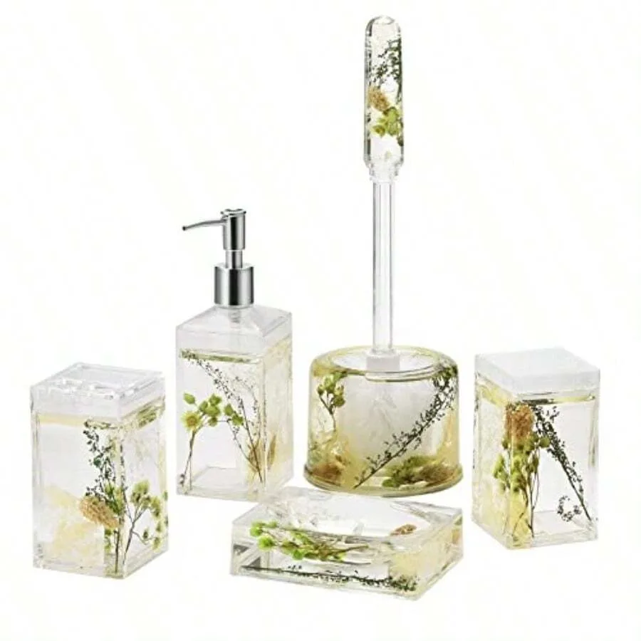 

5 Piece Acrylic Liquid 4D Floating Motion Bathroom Vanity Accory Set Garden Botanic Green Plants Toothbrush Holder Tumbler Soap