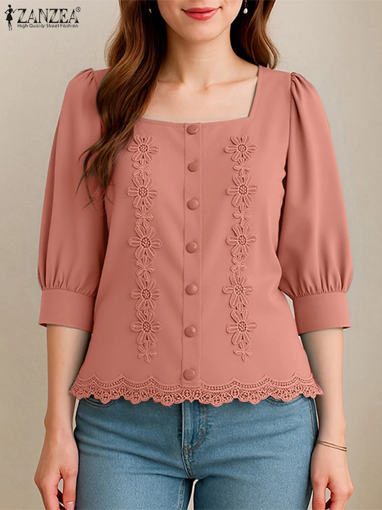 ZANZEA Vrouw Kant Patchwork Blouses Elegante Vierkante Hals 3/4 Bladerdeeg Mouw Casual Blusas Mujer 2025 Herfst Mode Effen Kleur Tops