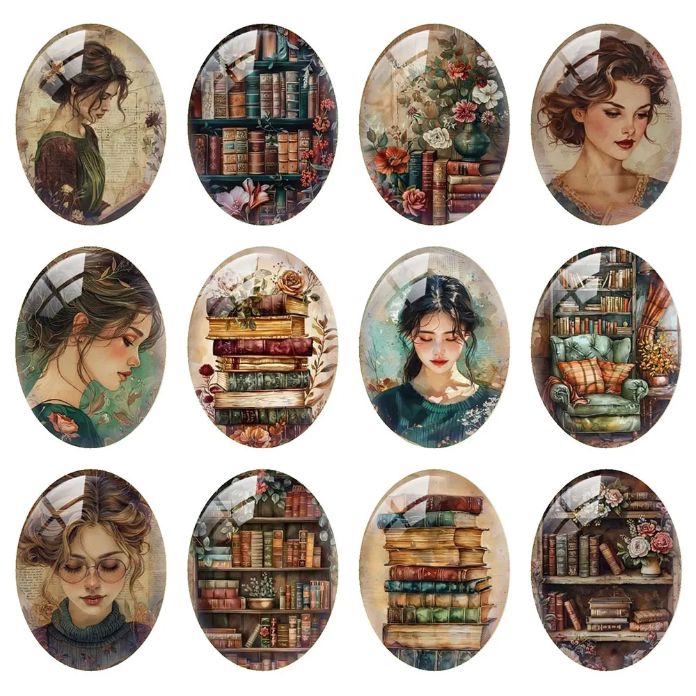 Random Mixed Round/Oval/Square Retro Bookshelf Study Room Flower Photo Glass Cabochon Flatback Demo Cameo For Diy Jewelry Making
