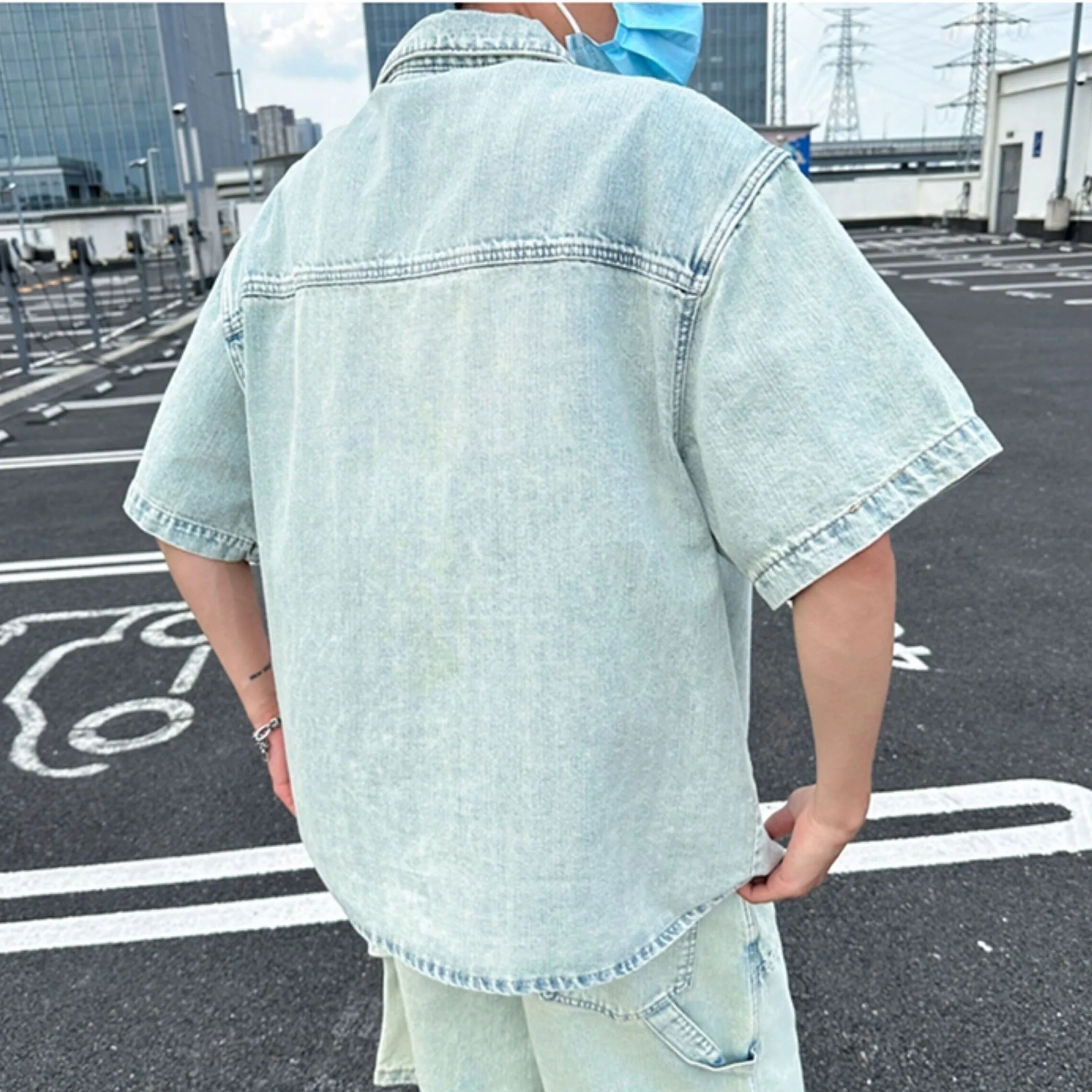 Summer Men's Blue Denim Set American Casual Fashion Safari Style Lapel Short Sleeved Shirt Splicing Shorts 2 Pieces Sets - view 5