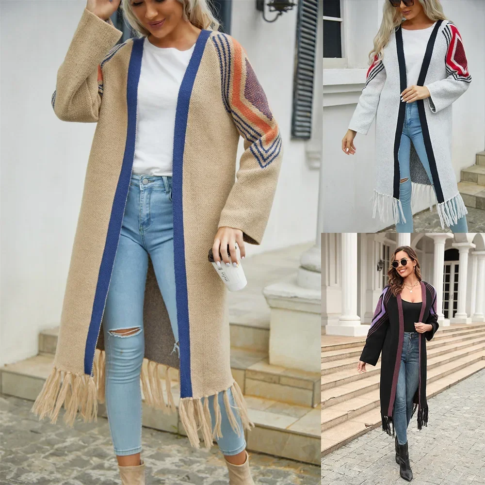 

Long Knitted Cardigan Women Tassel Vintage Khaki Elegant Maxi Spring Autumn Jumper Outerwear Sweaters Y2k Sweater Coat Jacket