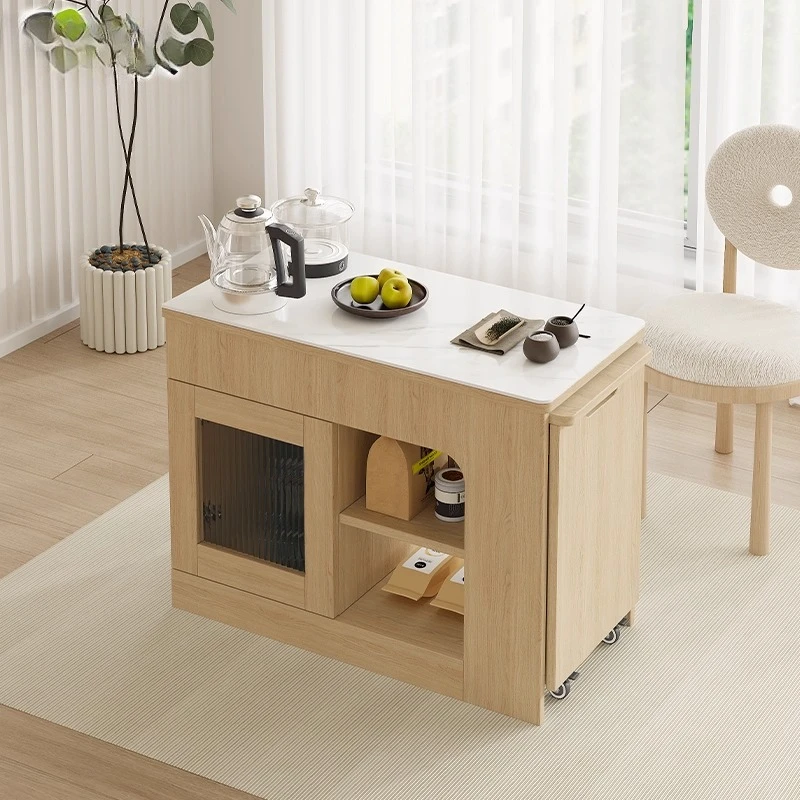 Log wind rock slab sofa side cabinet Side cabinet Movable coffee table Tea table with wheels Retractable tea table 3J45