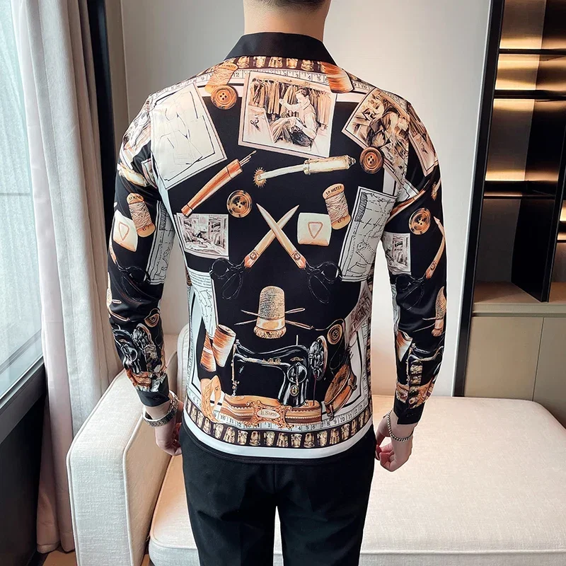 High-end Printing Shirt Men Luxury Slim Fit Prom Nightclub Chemise Homme M-4XL Casual Long Sleeve Silk Korean Mens Formal Blouse