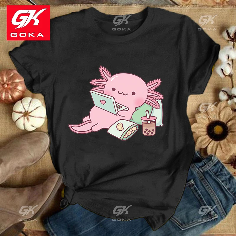 Premium Cottn T Shirts Hot Cute Axolotl Printed Tops Casual Top Summer Short Sleeve Harajuku Vintage Hip Hop Tees Unisex T Shirt