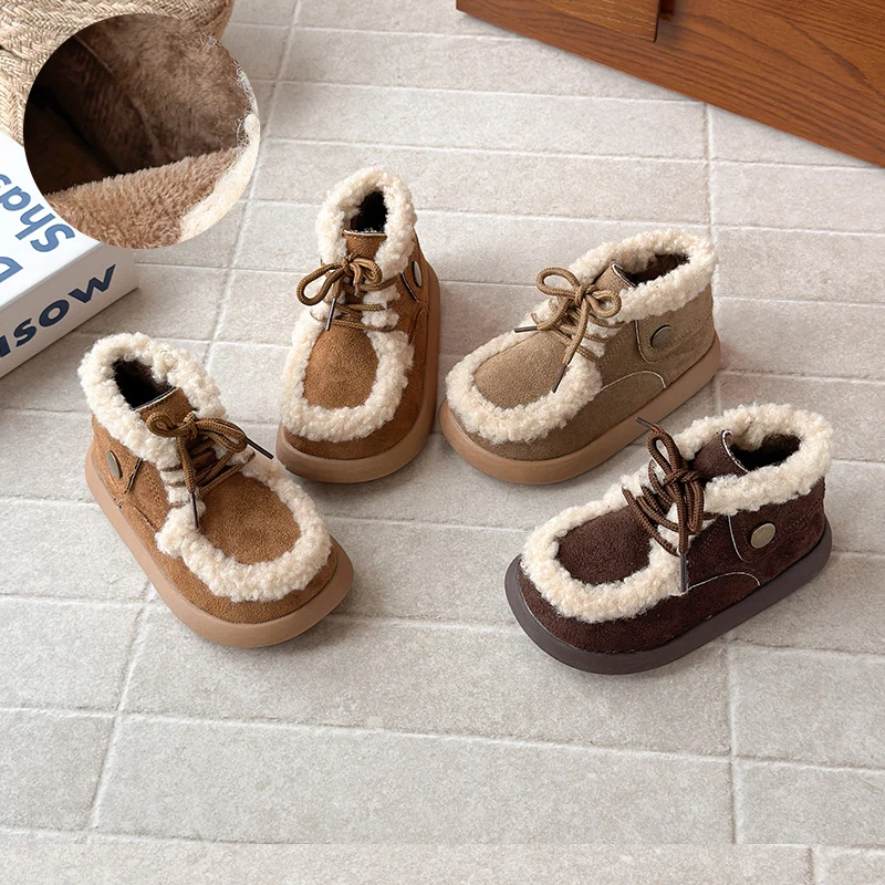 

Thick Plush Warm Winter Children's Cotton Boots Fashion Lace Up Faux Fur Ankle Boots Platform Non-slip Warm Plush Snow Boot