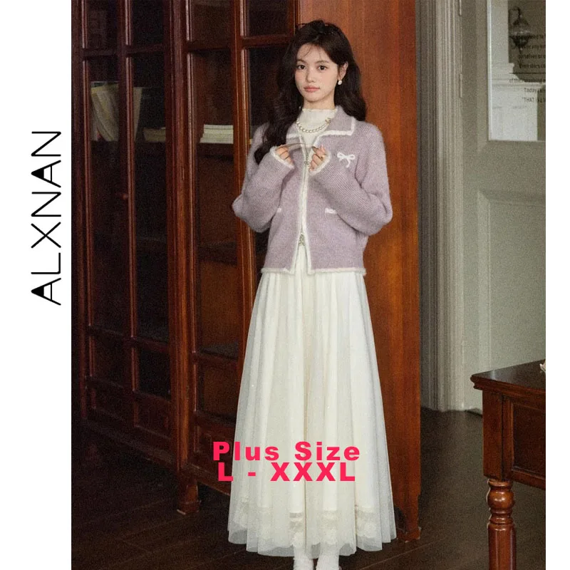 

ALXNAN Plus Size Women Sweater Turn-down Collar Regular Shoulder Color-block Knitted Cardigan Bow Zipper Gentle Knitwear D58007