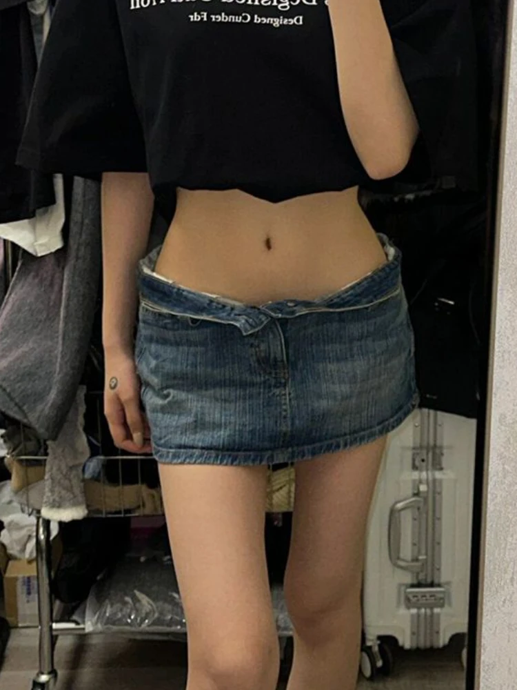 DEEPTOWN Blue Micro Mini Denim Skirt Women Y2K Vintage Washed A-line Streetwear Sexy Jeans Skirt Summer High Street Clothing