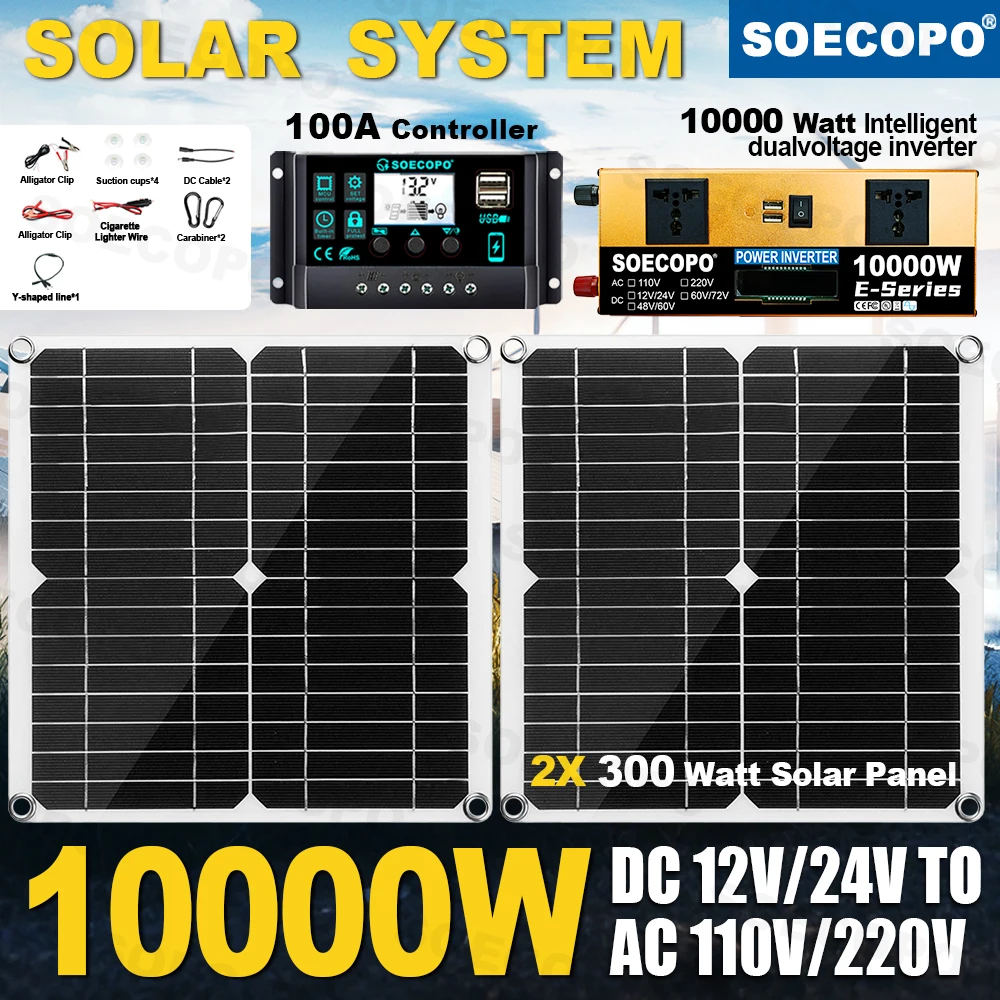 10000W Complete Off-Grid Kit Solar Panel + Controller + Smart Inverter 12V/24V to 110V/220V Emergency Backup for Home RV Camping