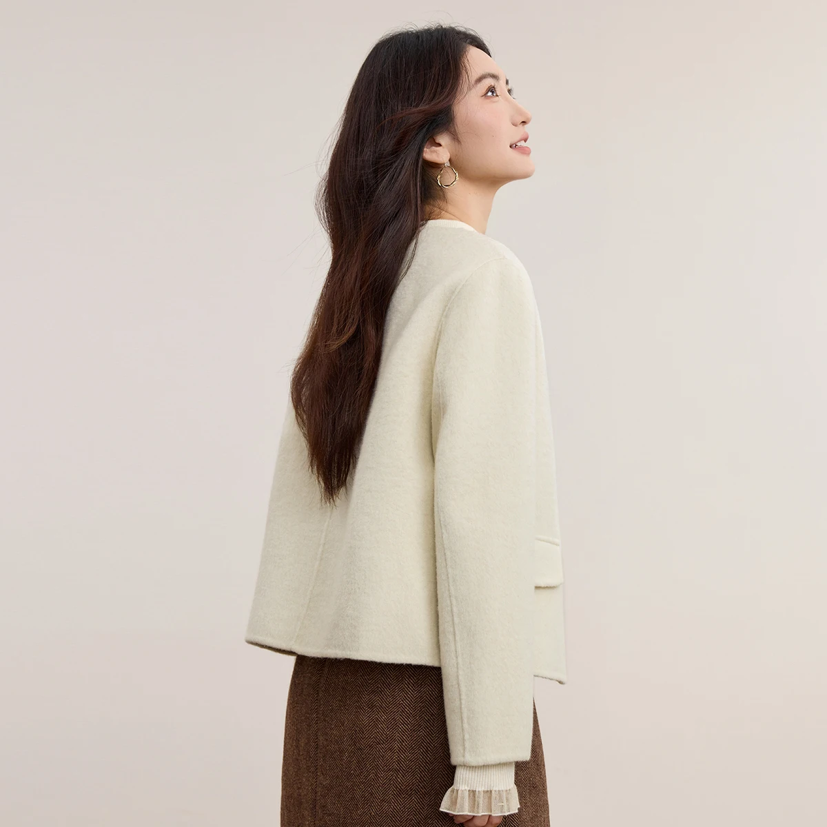 SENTUBILA Women's Autumn Jacket 2026 Chinese Style Double-Faced Wool Coat Pearl Button Long Sleeve Female Outerwear W54OG3092