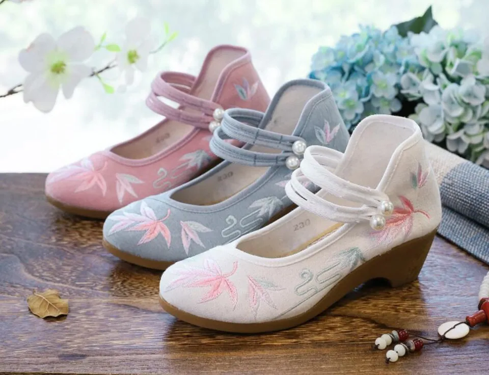 Women Ankle Button Strap Pumps Ethnic Embroidery Mary Jane Dress Shoes Mid Heel Cotton Fabric Espadrilles Vintage Sandals