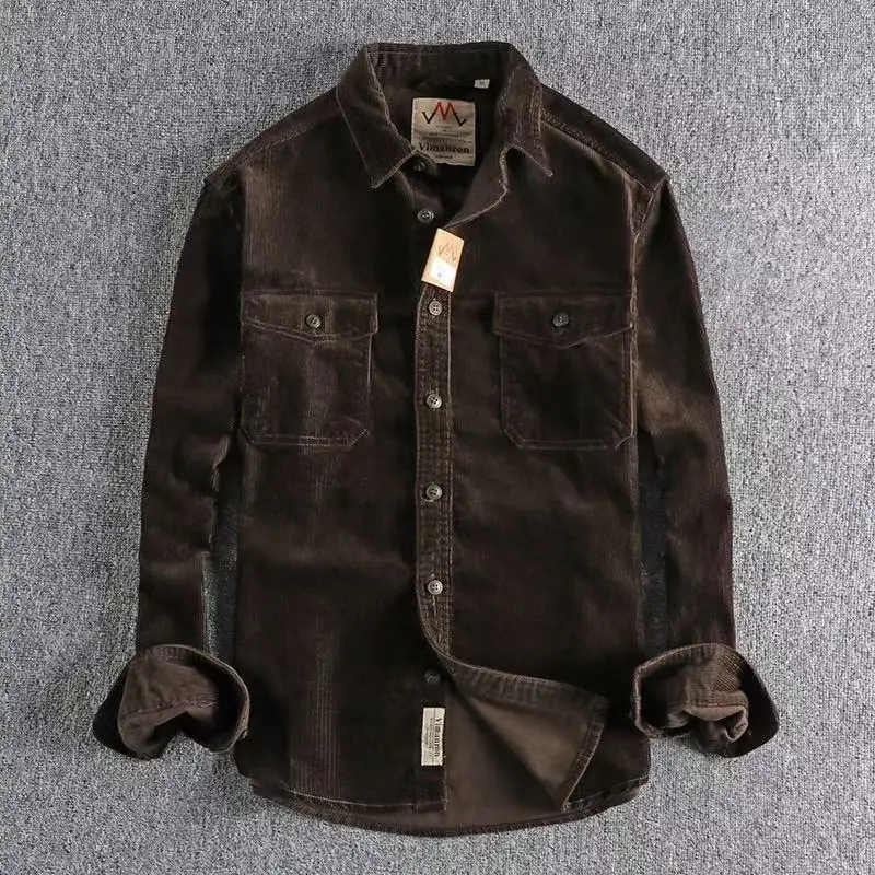 2025 Autumn/Winter New European and American Retro Corduroy Men's Long Sleeve Shirt Simple, Loose, Versatile, Thick Style