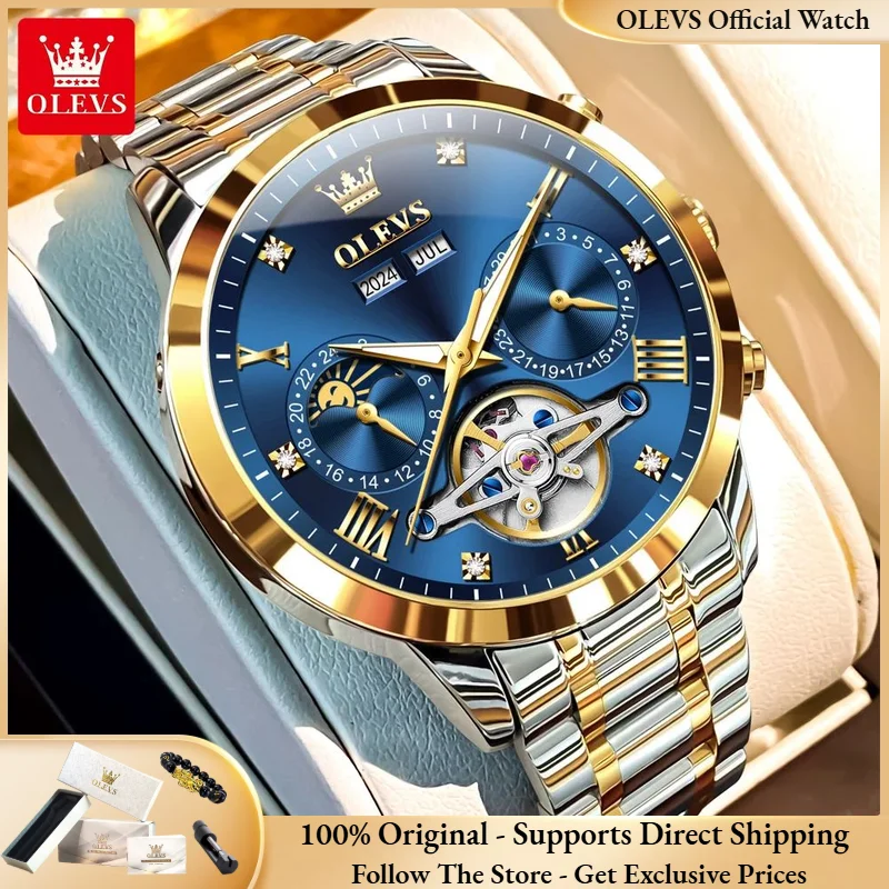 

OLEVS 7029 Men Mechanical All Automatic Watch Luxury Business Skeleton Flywheel Calendar Waterproof Moon Phase Men Brand Watch