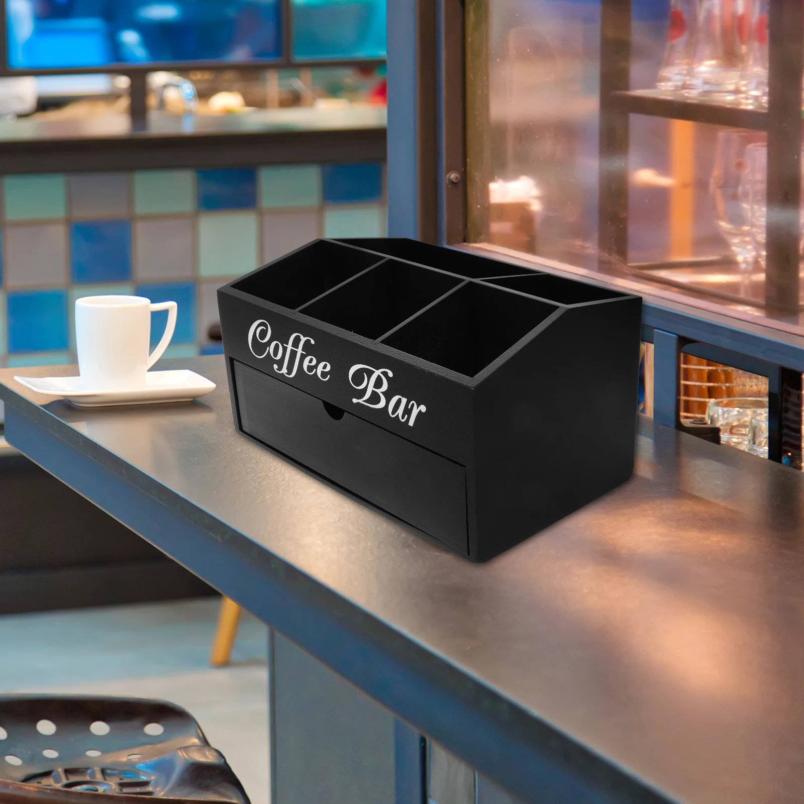 

Coffee and Tea Organizer Wooden Bar Storage Box Multi-Functional for Condiments Syrup Straws Tissue Accessories