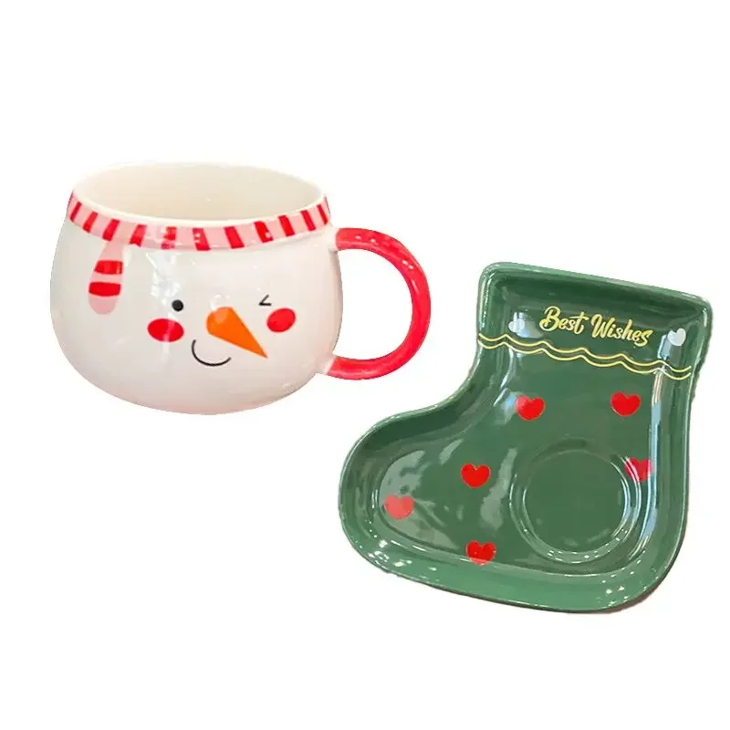 Cute Christmas Socks Ceramic Cup Cartoon Big Belly Snowman Coffee Cups Plate Spoon Couple High Beauty Exquisite Gift Drinkware