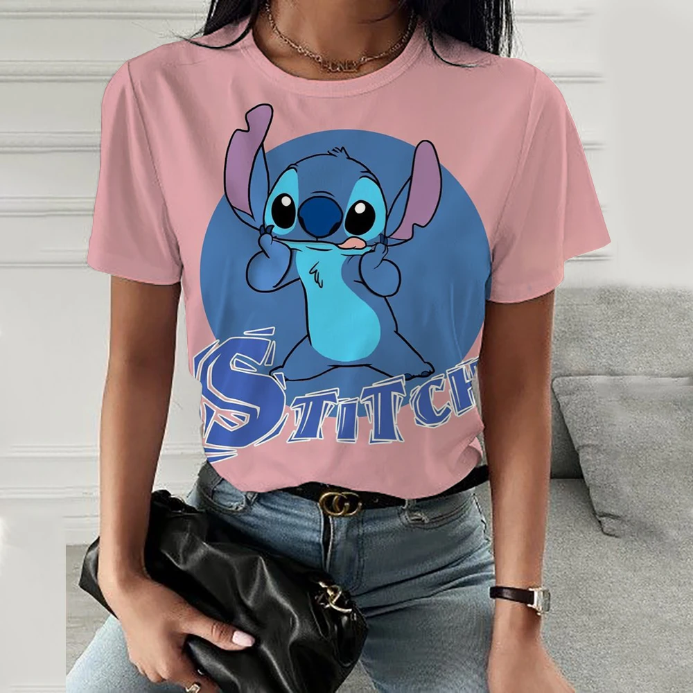 Camiseta informal de verano para mujer, jersey de manga corta con estampado de Stitch de Disney, Top holgado de cuello redondo de gran tamaño, 2024