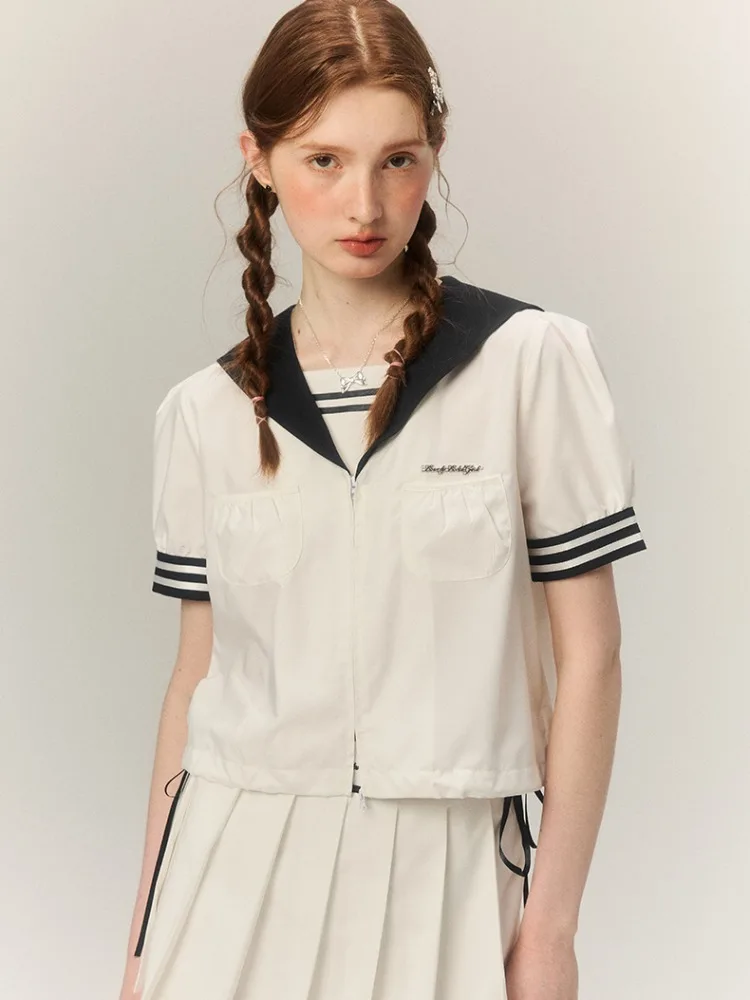 ADAgirl Retro Sailor Collar Blouse Women Preppy Style Puff Sleeve White Shirt Zipper Kawaii Cute Girl Aesthetics Uniform Clothes