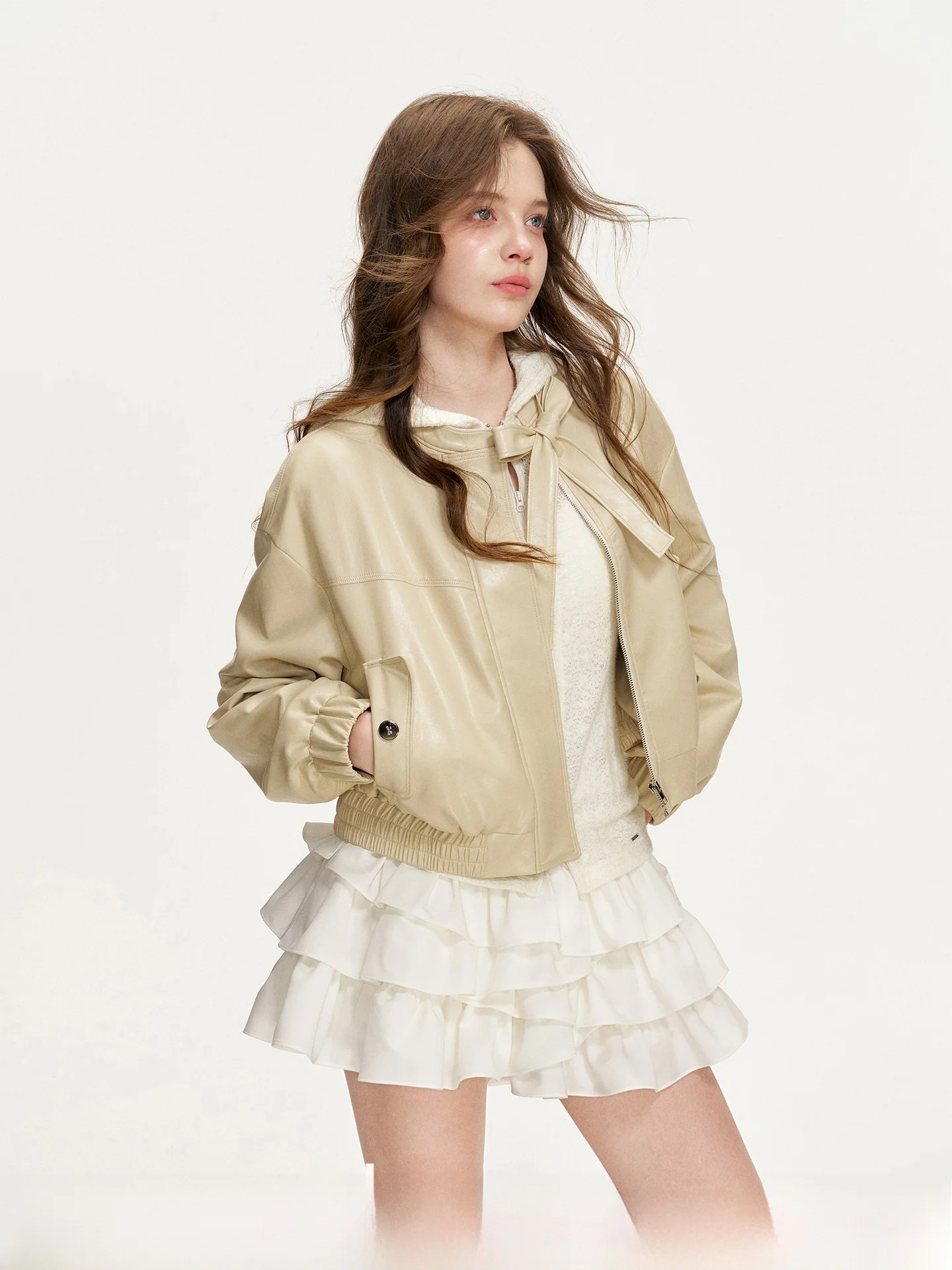 

Soft Eco-Friendly PU Leather Short Jacket with Bow Tie Neck Design Casual Loose Fit Women's Outerwear Spring Season