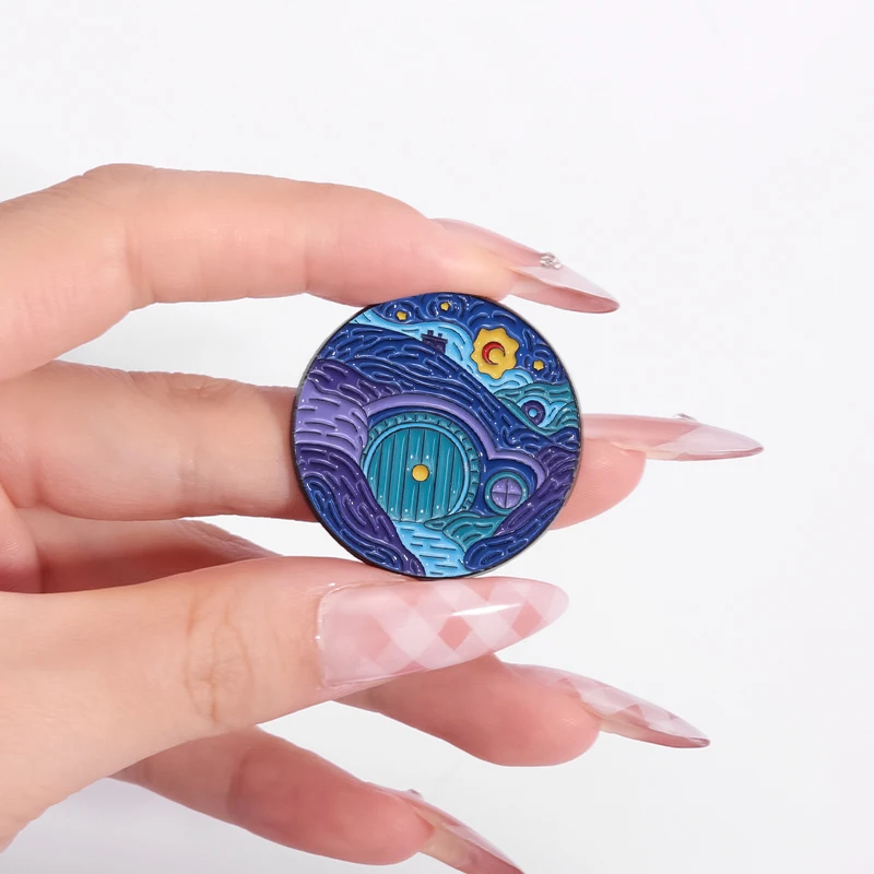 Night Sky Oil Painting Enamel Pins Custom Distorted Night Scene Brooches Lapel Badges Clothes Punk Jewelry Gift for Friends