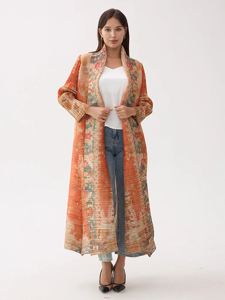 Miyake Pleated Vintage Printed Turn-down Collar Long Sleeve Long Jacket Women Designer Abaya New Dubai Fashion Plus Size Coats