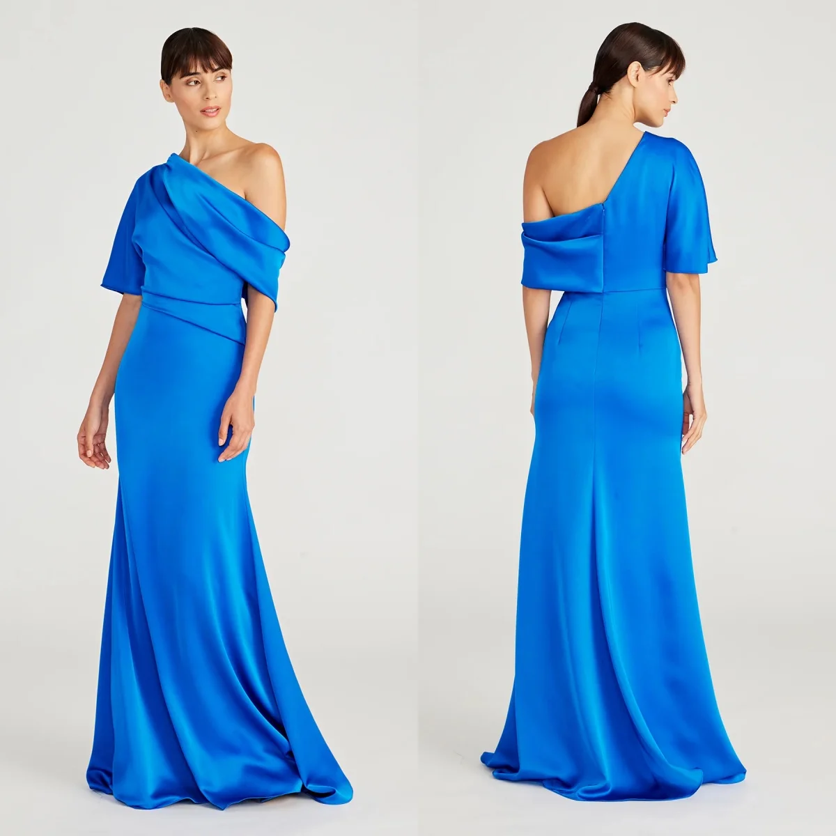 Elegant Blue Evening Dresses One Shoulder Soft Satin Women Prom Gowns Ruffles Floor Length Customized Party Wedding Guest Gowns