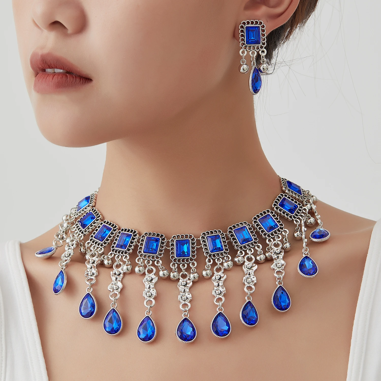 Vintage Geometric Glasses Stone Decoration Necklace Earrings Set Jewelry For Women Tassel Chains Pendant Jewelry Set