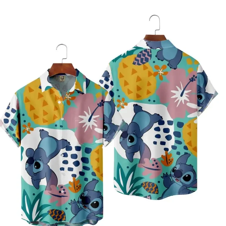 Camisas hawaianas de manga corta con botones para hombre, camisas hawaianas de Disney, camisas de vacaciones, Tops de playa informales, Stitch, Verano